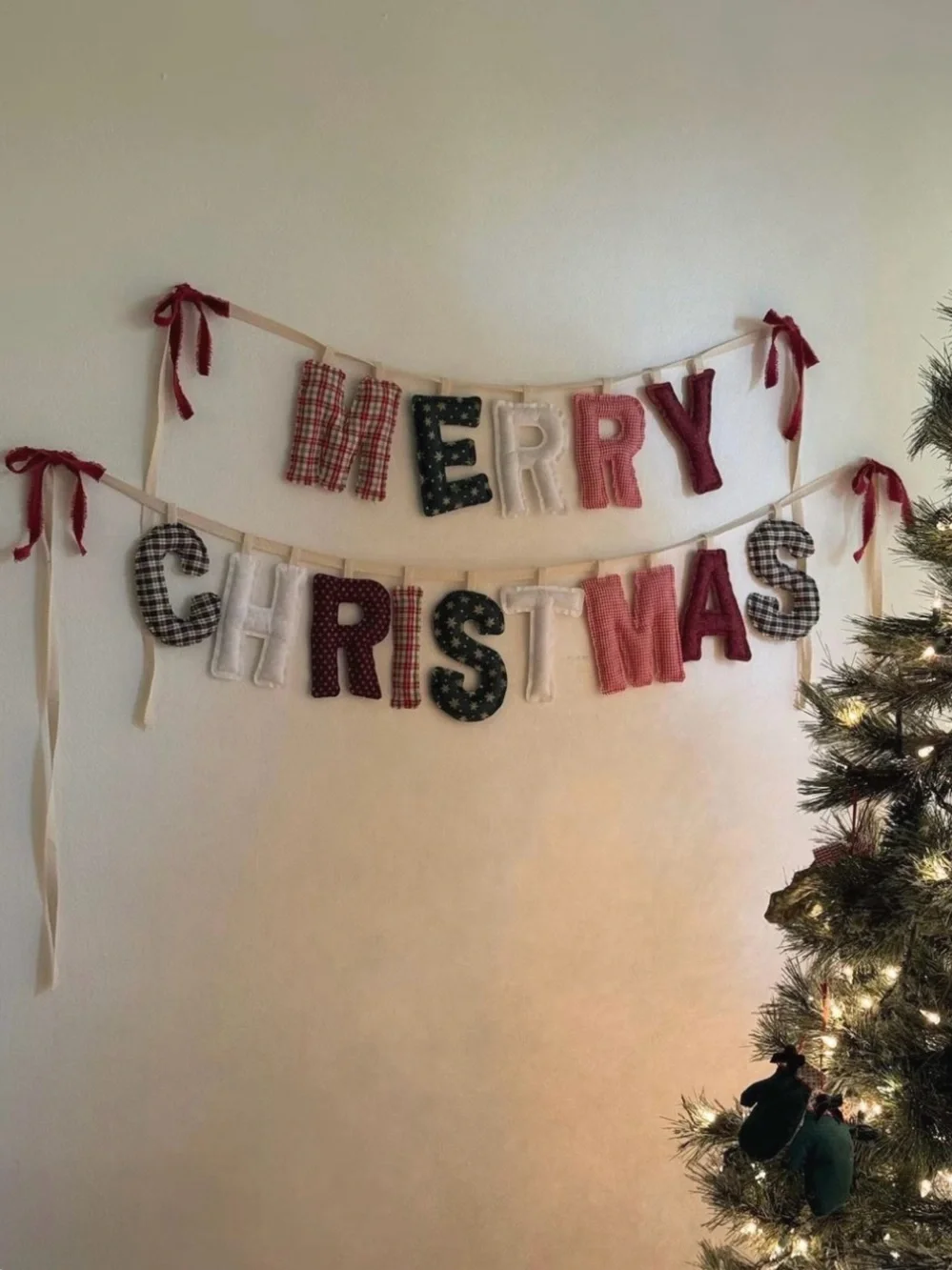 Handmade 'Merry Christmas' Fabric Banner - Red, Green, White